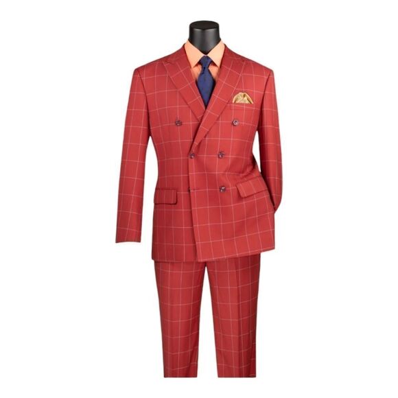MEN'S VINCI 2 PIECE MODERN FIT WINDOWPANE DOUBLE BREASTED SUIT MDW-1 BAKED APPLE - Picture 1 of 3